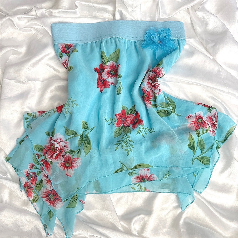 Iz Amy Byer Blue Floral Handkerchief Hem Skirt Y2K Fairycore XL 16